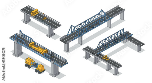 Isometric bridge construction set with trucks and road elements for infrastructure projects