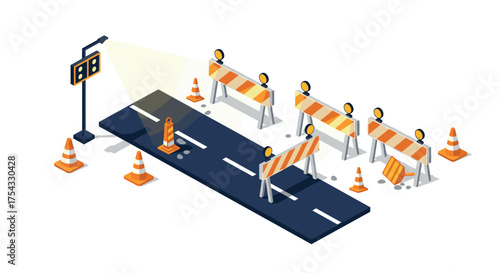 Isometric road construction scene with traffic barricades and safety cones