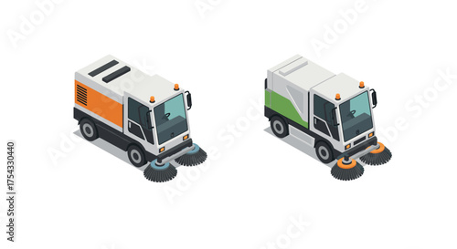 Isometric street sweeper trucks in modern design with color variations