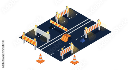 Isometric road construction scene with barricades and cones