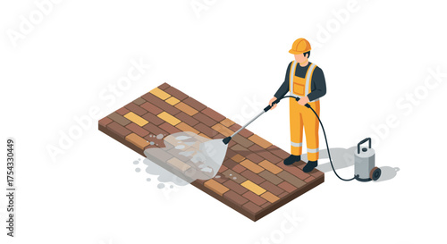 Isometric worker power washing brick pathway in safety gear