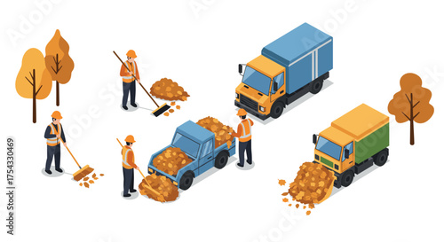 Isometric construction scene with workers and trucks on autumn day