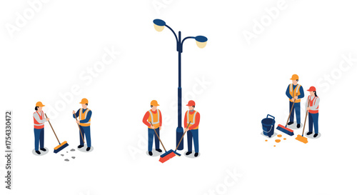 Isometric construction workers cleaning street with brooms under streetlight