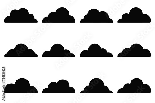 Cloud Silhouette Vector Set | Black Weather Icon Clipart | Minimal Puffy Cloud Collection