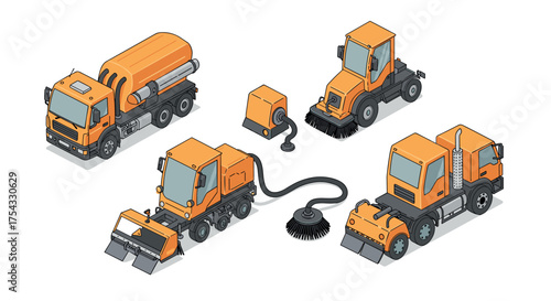 Isometric construction and street cleaning machines set on white background