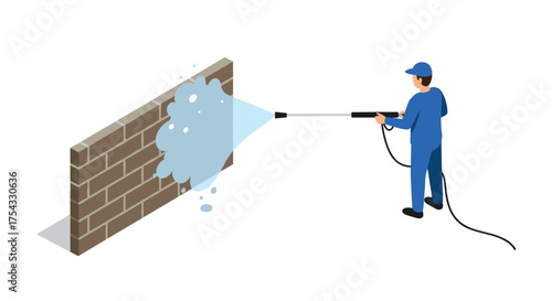 Isometric worker power washing a brick wall with high-pressure water jet