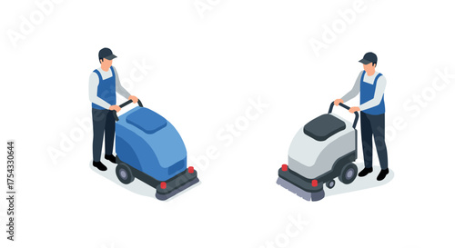 Isometric cleaning machines operated by workers on white background
