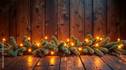 Wallpaper Mural A rustic wooden background with a garland of green pine branches adorned with warm glowing lights. The scene evokes a cozy, festive atmosphere. Torontodigital.ca