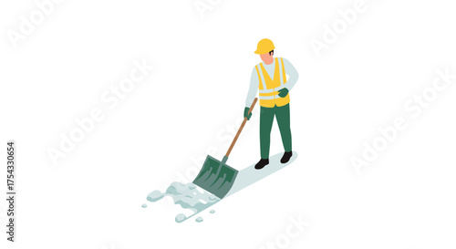 Construction worker clearing snow with shovel in isometric style