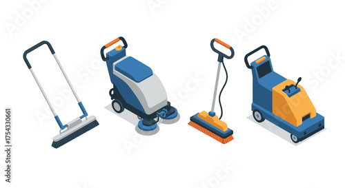 Set of isometric cleaning equipment: floor scrubbers and sweepers in blue and orange