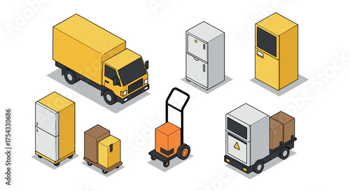 Isometric delivery trucks and appliances with handtruck in minimalist style