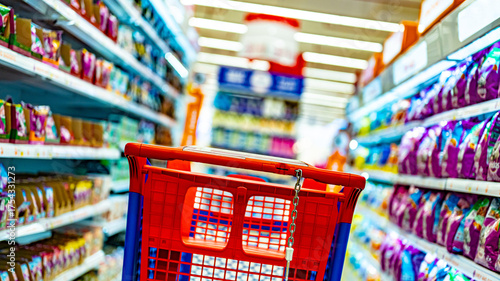 A shopping cart by a store shelf in a supermarket