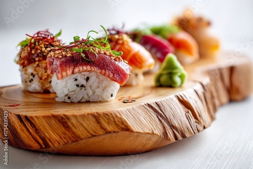Macro view photography of a delicious sushi on a wooden board over white background