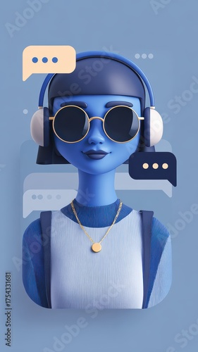 Stylish 3D female avatar with headphones and sunglasses in blue tones, surrounded by chat bubbles, representing modern digital communication and virtual assistant technology