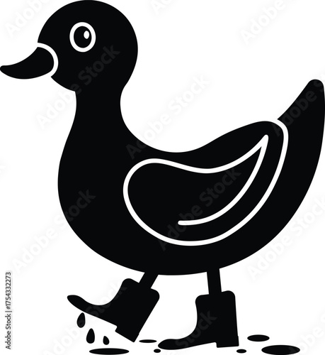 Cartoon Duck in Rain Boots Splashing Puddle Silhouette