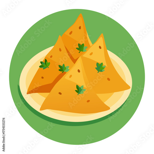A plate of samosas with green garnish on it