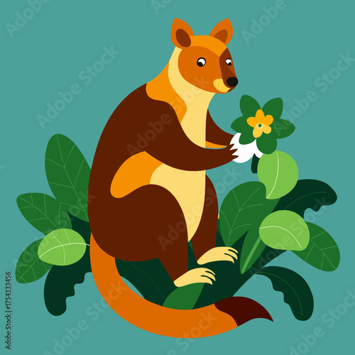 Tree kangaroo holding a flower in foliage