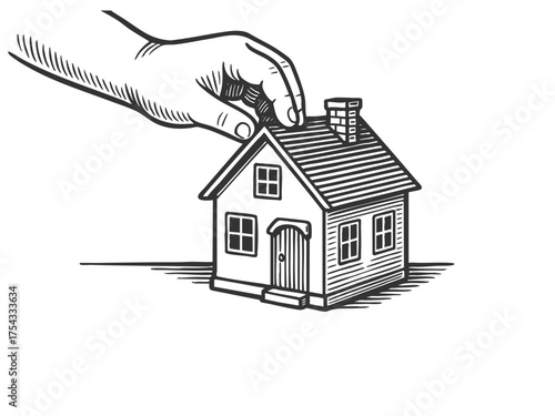 hand placing a small house, symbolizing real estate, property investment, or home building sketch engraving generative ai vector illustration. Scratch board imitation. Black and white image.