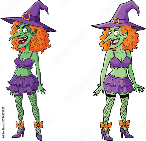 Ugly halloween witches cartoon characters spooky green-skinned sorceresses purple outfits curly hair fun frightening magic
