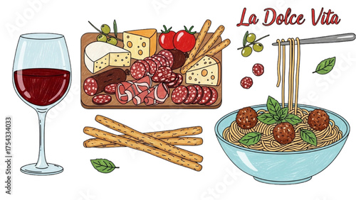 La Dolce Vita A Delicious Italian Feast with Wine, Pasta, and Appetizers