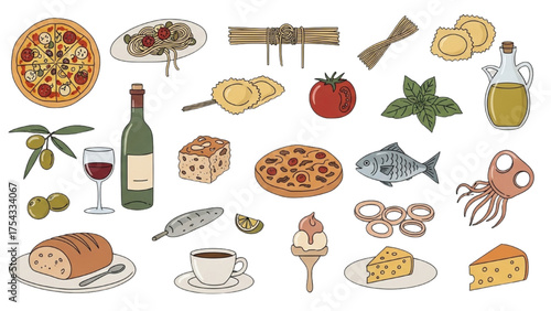 Hand-drawn doodle set of various traditional Italian culinary dishes and products