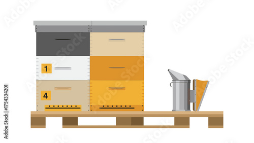 Beehive box with smoker and hive tools on wooden pallet  