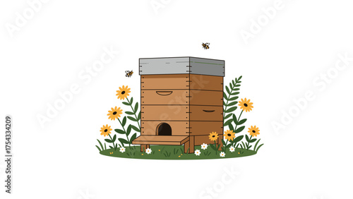 Beehive box surrounded by flowers and bees in a natural setting  