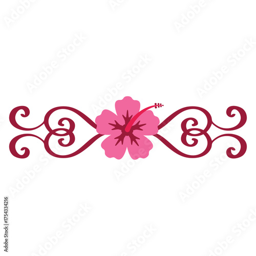 Flor de hibisco con filigrana caligráfica. Logo destino de vacaciones con florituras