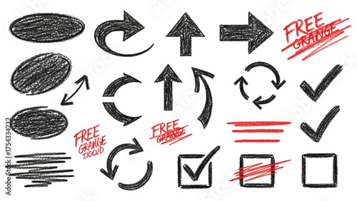 Set of hand-drawn doodle arrows, checkmarks, and scribbled shapes on white background