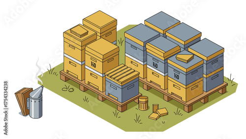 Beehive boxes arranged in a field with beekeeping equipment nearby  