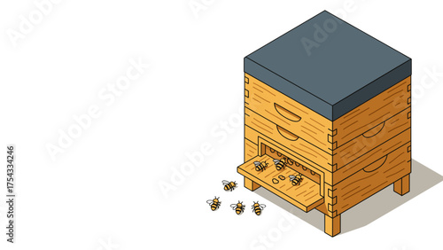 Beehive box with bees flying around in a simple illustration style  