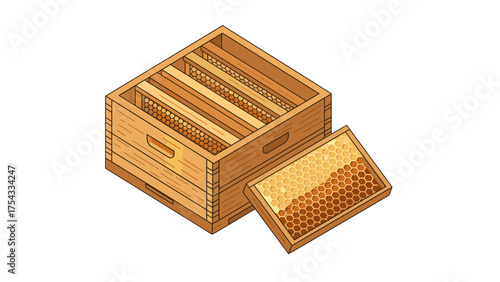 Beehive box with honeycomb inside in wooden design  