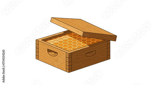 Beehive box with opened lid showcasing honeycomb structure  