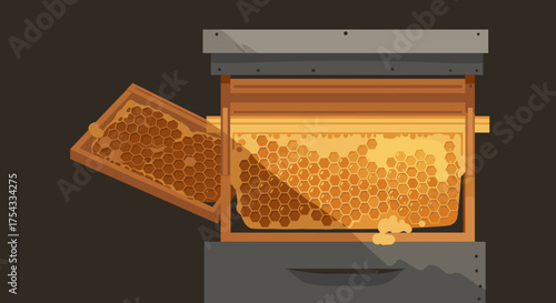 Beehive box with honeycomb frame and golden honey inside  