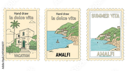 Set of hand-drawn postage stamps illustrating summer vacation scenes on the Italian coast