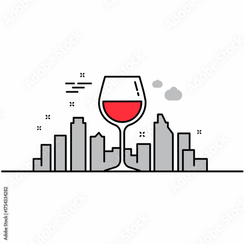 Rooftop bar icon with red wine glass against skyline background  