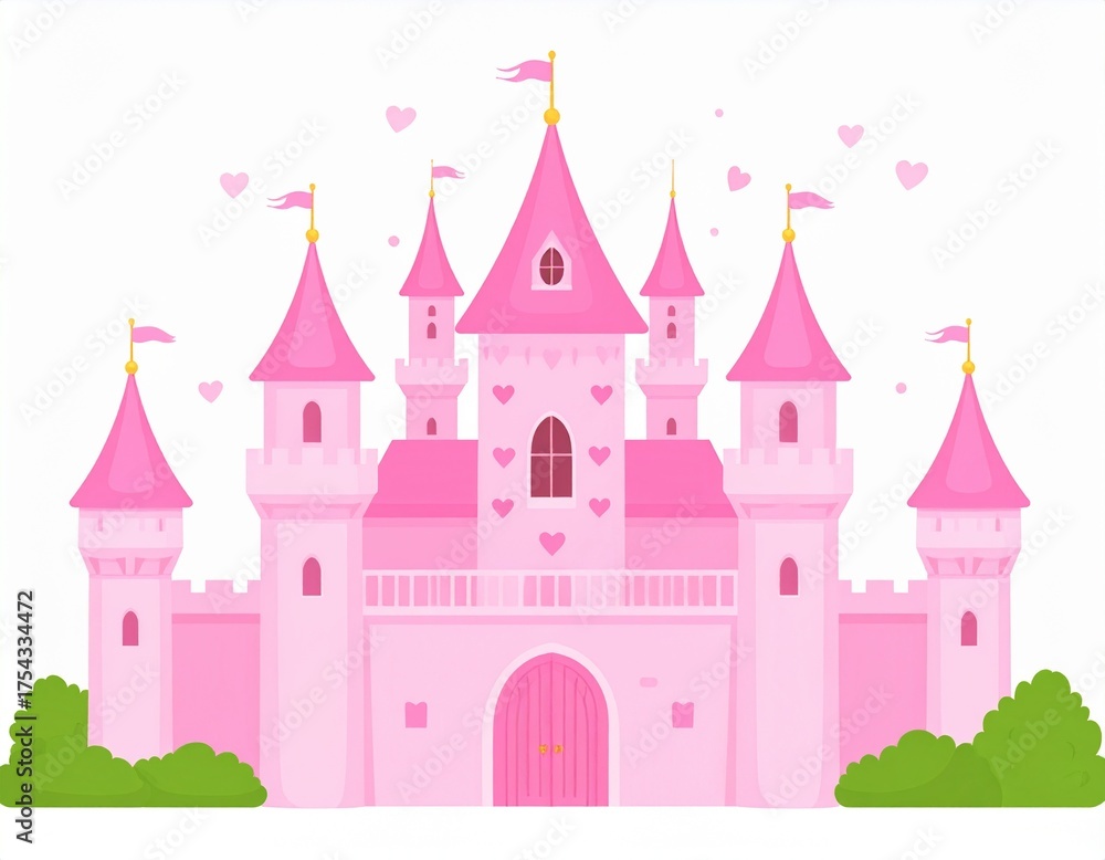 Fototapeta premium Fairy tale beautiful pink castle of a beautiful princess with a balcony and heart-