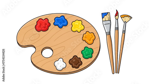 Artist's wooden palette with vibrant oil paints and assorted brushes for creative art
