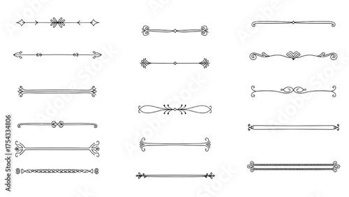 Set of classic ornamental line dividers with vintage flourishes for graphic page decoration