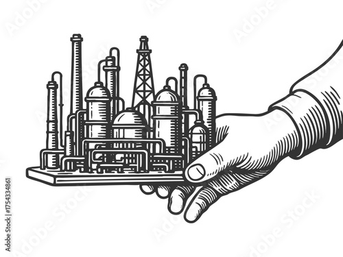 human hand holding a miniature industrial plant sketch engraving generative ai fictional character vector illustration. Scratch board imitation. Black and white image.