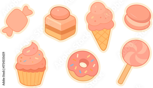 Vector illustration set of cute sweet desserts and candies including cupcake, donut, ice cream, cake and lollipop. Perfect for bakery design, menu, stickers and kids projects.
