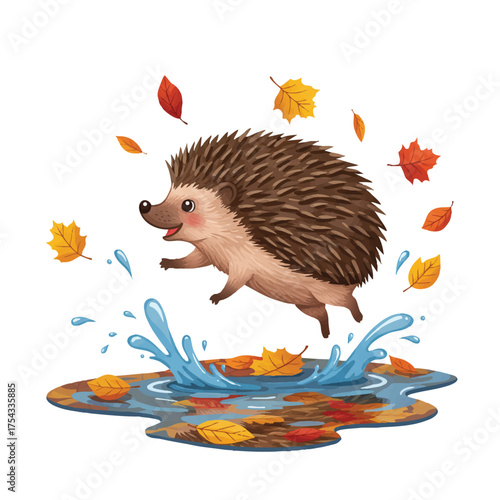A funny, cute hedgehog joyfully leaps into a puddle reflecting vibrant autumn colors, playfully splashing water and colorful leaves in a cheerful flat 2D vector illustration.