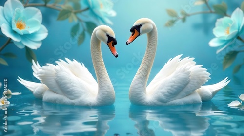 Fototapeta Naklejka Na Ścianę i Meble -  A serene pair of elegant white swans gracefully glide across tranquil blue waters, surrounded by delicate floral elements and soft reflections