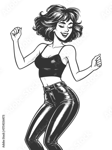 woman with short wavy hair, wearing a crop top and tight pants while dancing sketch engraving generative ai fictional character vector illustration. Scratch board imitation. Black and white image.
