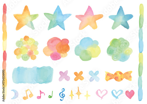 Cute watercolor design parts set - stars, notes, hearts, candy, colorful elements