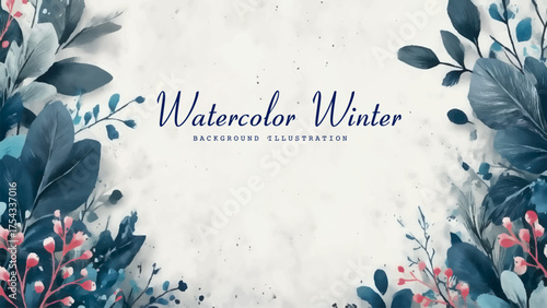Watercolor Winter Blue Leaves and Berries Background. Border is adorned with an arrangement of foliage and berries in cool tones of blue, green, and hints of pink, all painted in a soft