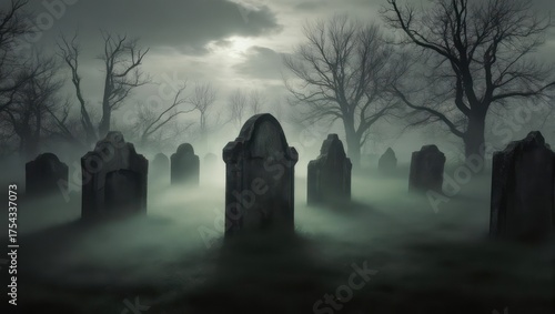 Eerie graveyard scene with fog and tombstones under moonlight.