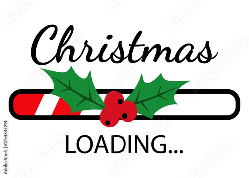 Logo con texto Christmas Loading con barra de progreso con hojas y bayas de acebo. Banner de descarga para felicitaciones y tarjetas