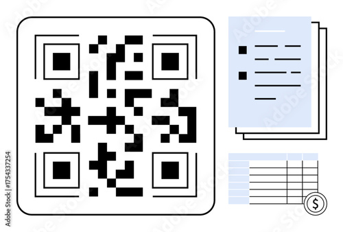 QR code alongside stack of documents, invoices, and financial grid with currency sign. Ideal for payment, billing, accounting, digital finance, e-banking, cost tracking simple flat metaphor