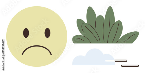 Yellow sad face conveys negative emotion, green bush adds natural context, and wind emphasizes dynamics. Ideal for emotion, environment, climate change, mood, ecology nature sustainability. Simple